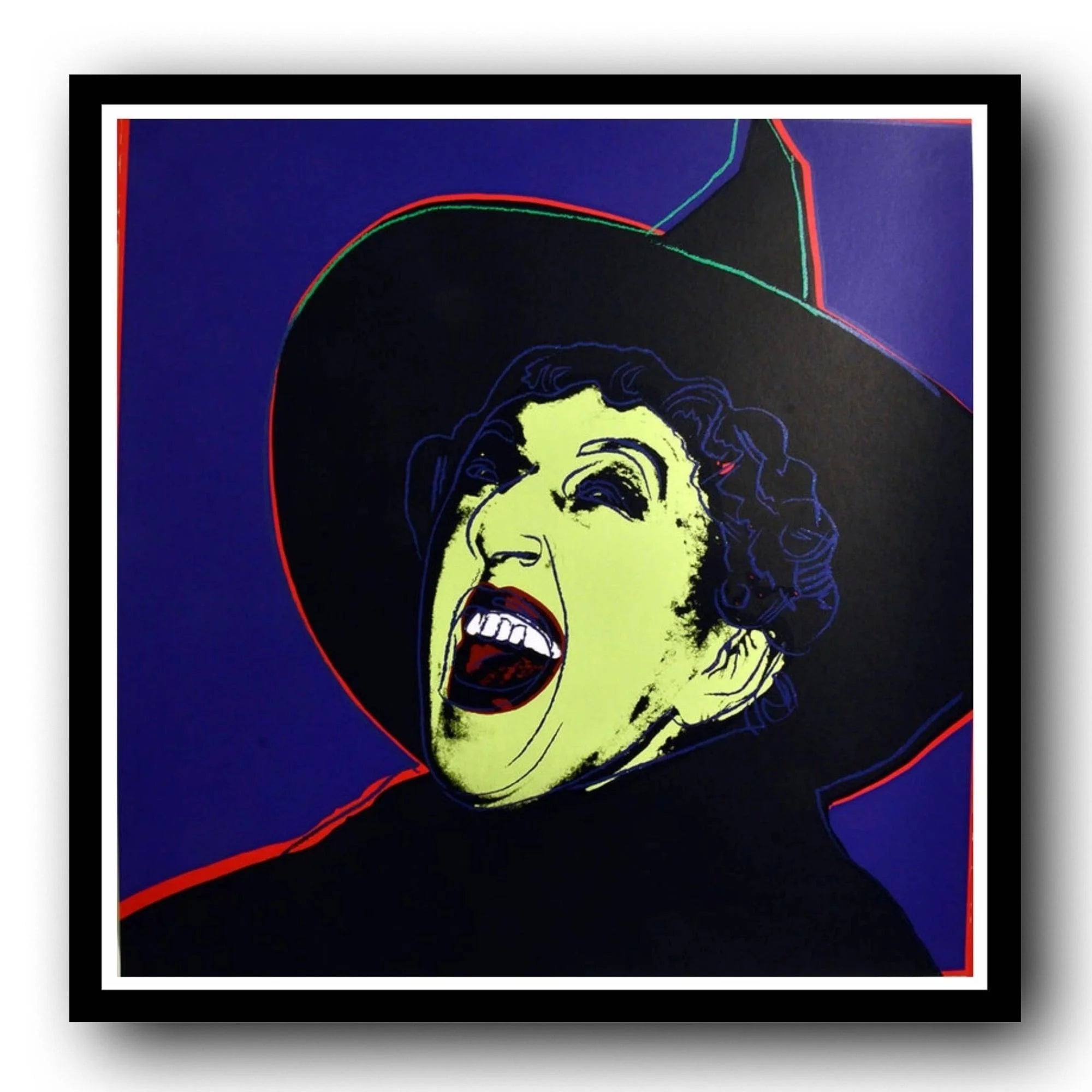 Framed artwork of the wicked witch with a wide open mouth against a purple background